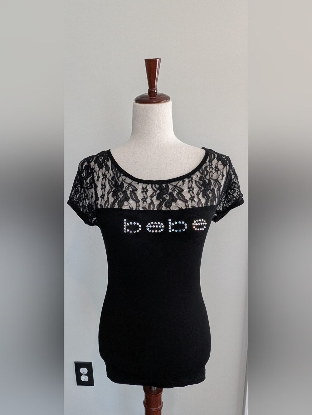 Bebe VTG Made in USA Black Lace Yoke Rhinestone Logo Top Cap Sleeves Size Medium